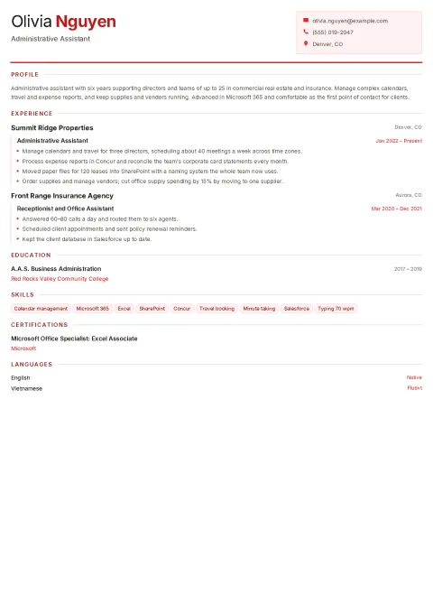 Olivia’s administrative assistant resume in the Ledger template: a red split header with the name on the left and contacts in a tinted box, then profile, experience, education, skill tags, certification and languages