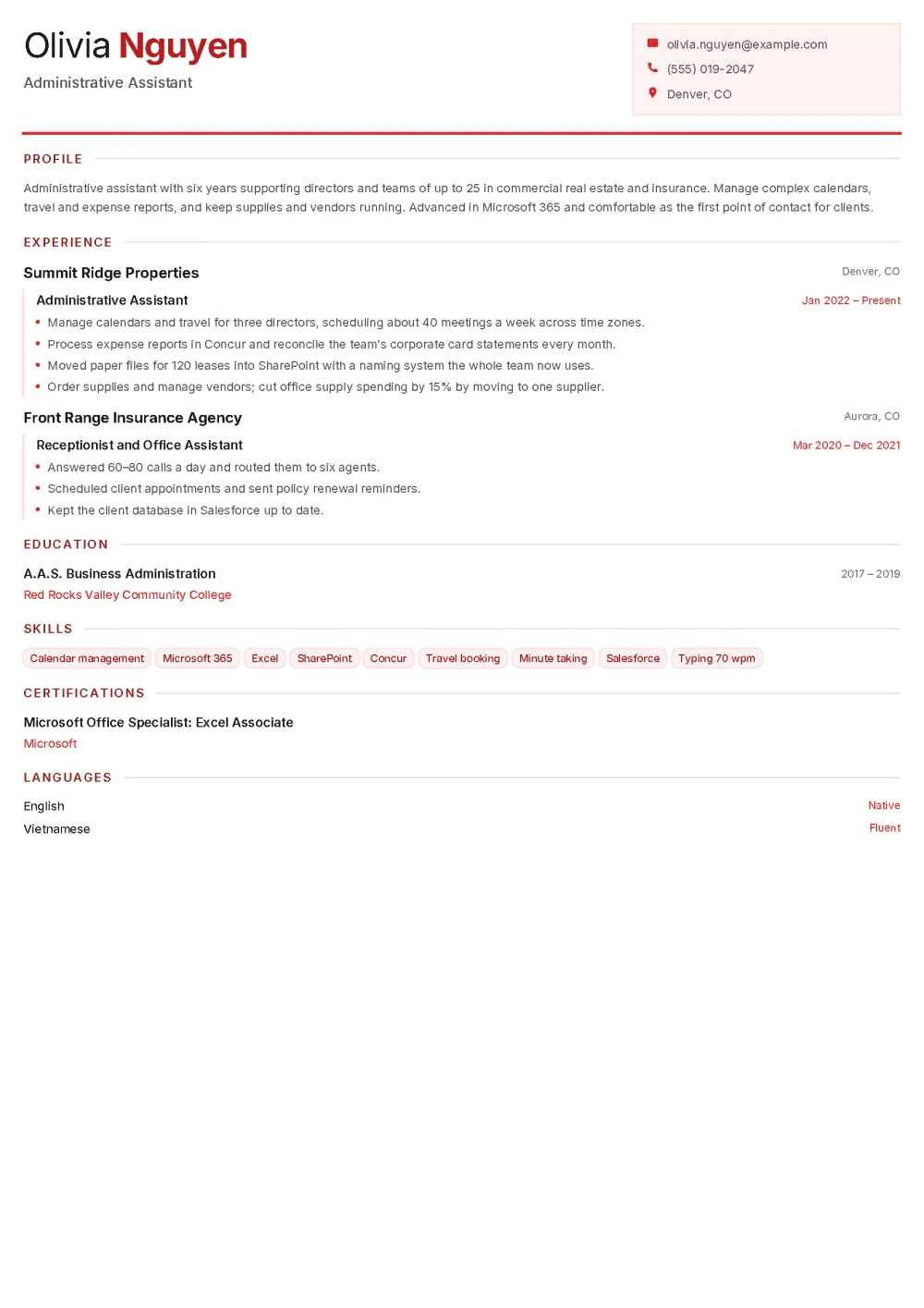 Olivia’s administrative assistant resume in the Ledger template: a red split header with the name on the left and contacts in a tinted box, then profile, experience, education, skill tags, certification and languages
