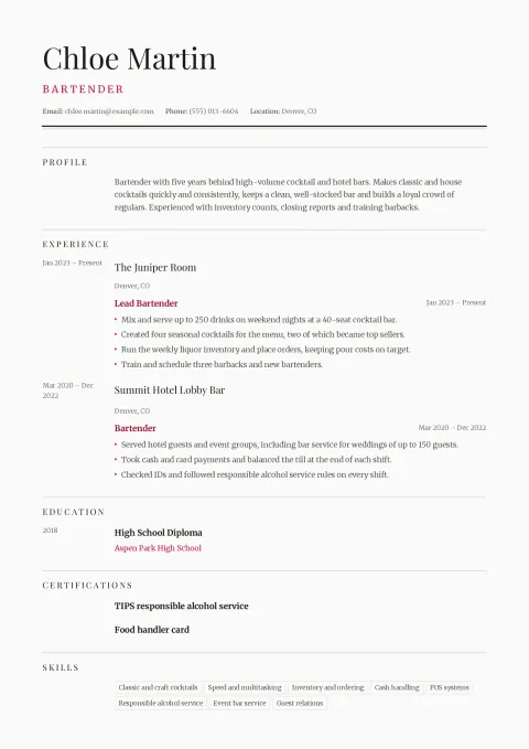 Chloe’s bartender resume in the Broadsheet template: an editorial serif layout under a double rule, dates in a narrow left column and rose accents