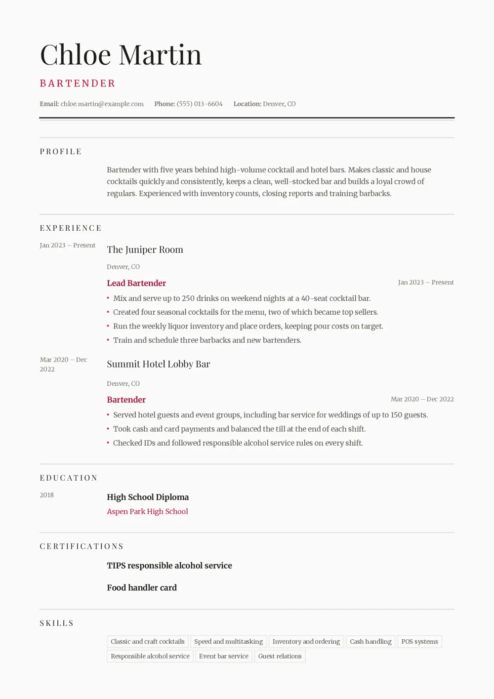 Chloe’s bartender resume in the Broadsheet template: an editorial serif layout under a double rule, dates in a narrow left column and rose accents