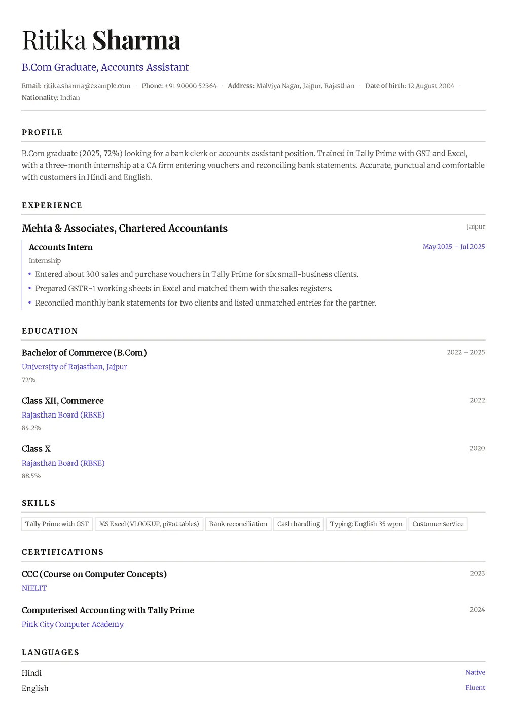 Ritika’s job biodata in the Quill template: a serif one-column page with name, post, a personal-details line with address, date of birth and nationality, then profile, internship, education with class XII and X marks, skills, certificates and languages in indigo