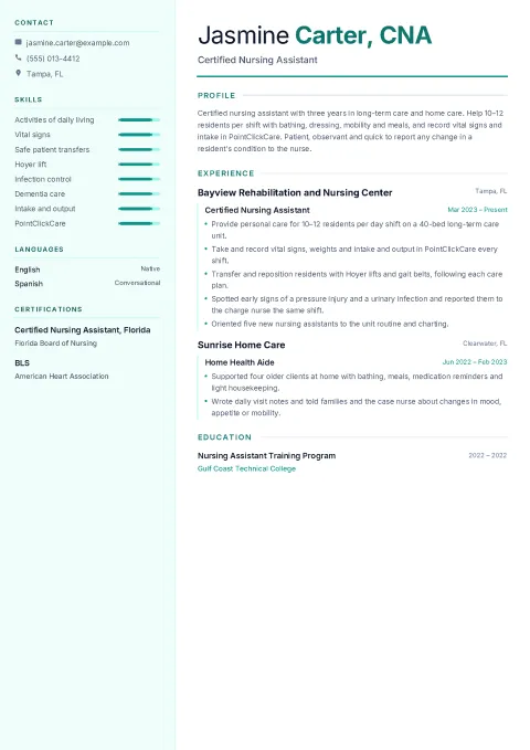 Jasmine’s certified nursing assistant resume in the Gauge template: a teal sidebar with contacts, skill bars, languages and certifications, and a main column with profile, experience and education