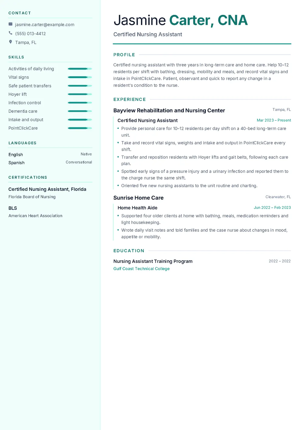 Jasmine’s certified nursing assistant resume in the Gauge template: a teal sidebar with contacts, skill bars, languages and certifications, and a main column with profile, experience and education
