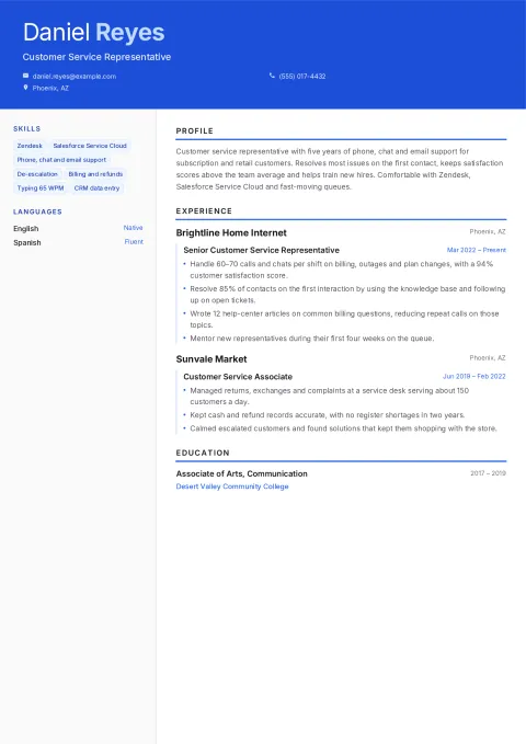 Daniel’s customer service resume in the Banner template: a blue header band with name and contacts, skills and languages in a side column, and profile, experience and education in the main column