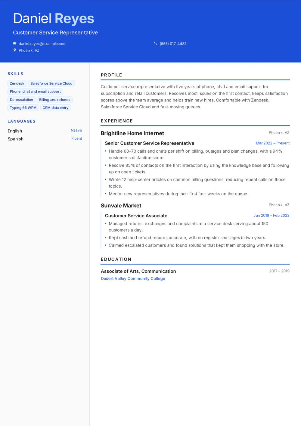 Daniel’s customer service resume in the Banner template: a blue header band with name and contacts, skills and languages in a side column, and profile, experience and education in the main column