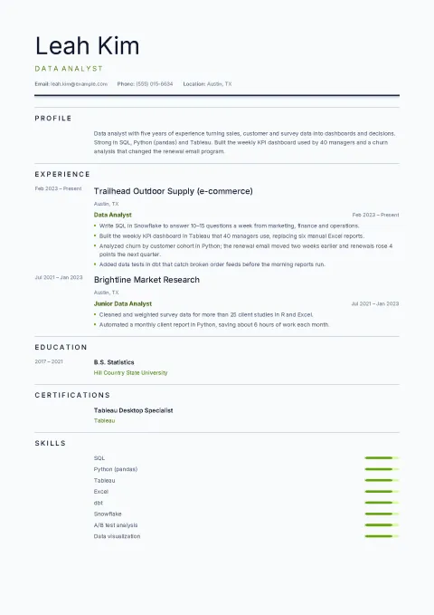 Leah’s data analyst resume in the Terminal template: an editorial layout on a pale grey page with letter-spaced headings, dates in a narrow left column, lime accents and skill bars at the end