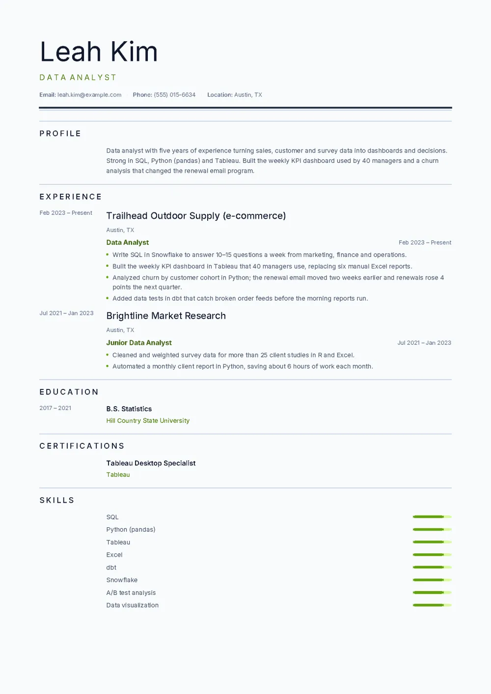 Leah’s data analyst resume in the Terminal template: an editorial layout on a pale grey page with letter-spaced headings, dates in a narrow left column, lime accents and skill bars at the end