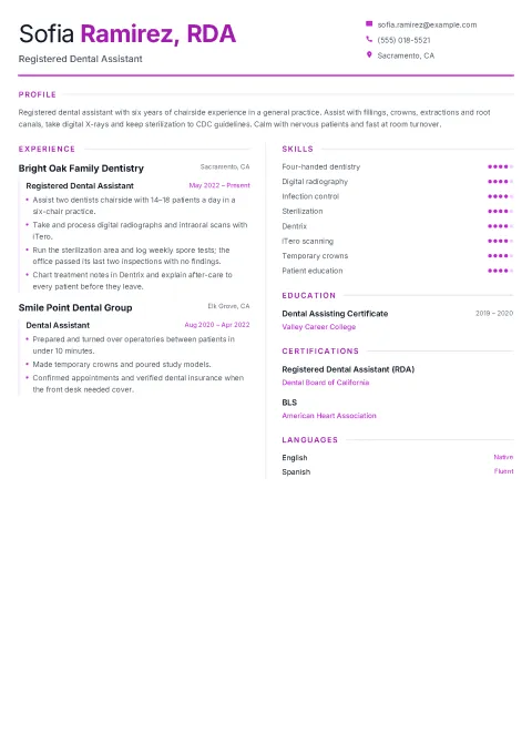 Sofia’s registered dental assistant resume in the Balance template: a profile across the top, then two equal columns with fuchsia accents: experience on the left; skills, education, certifications and languages on the right