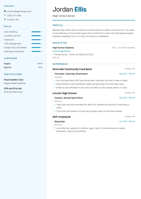 Jordan’s first job resume in the Launchpad template: a sky blue sidebar with contacts, skills, languages and certificates, and a main column with profile, experience and education