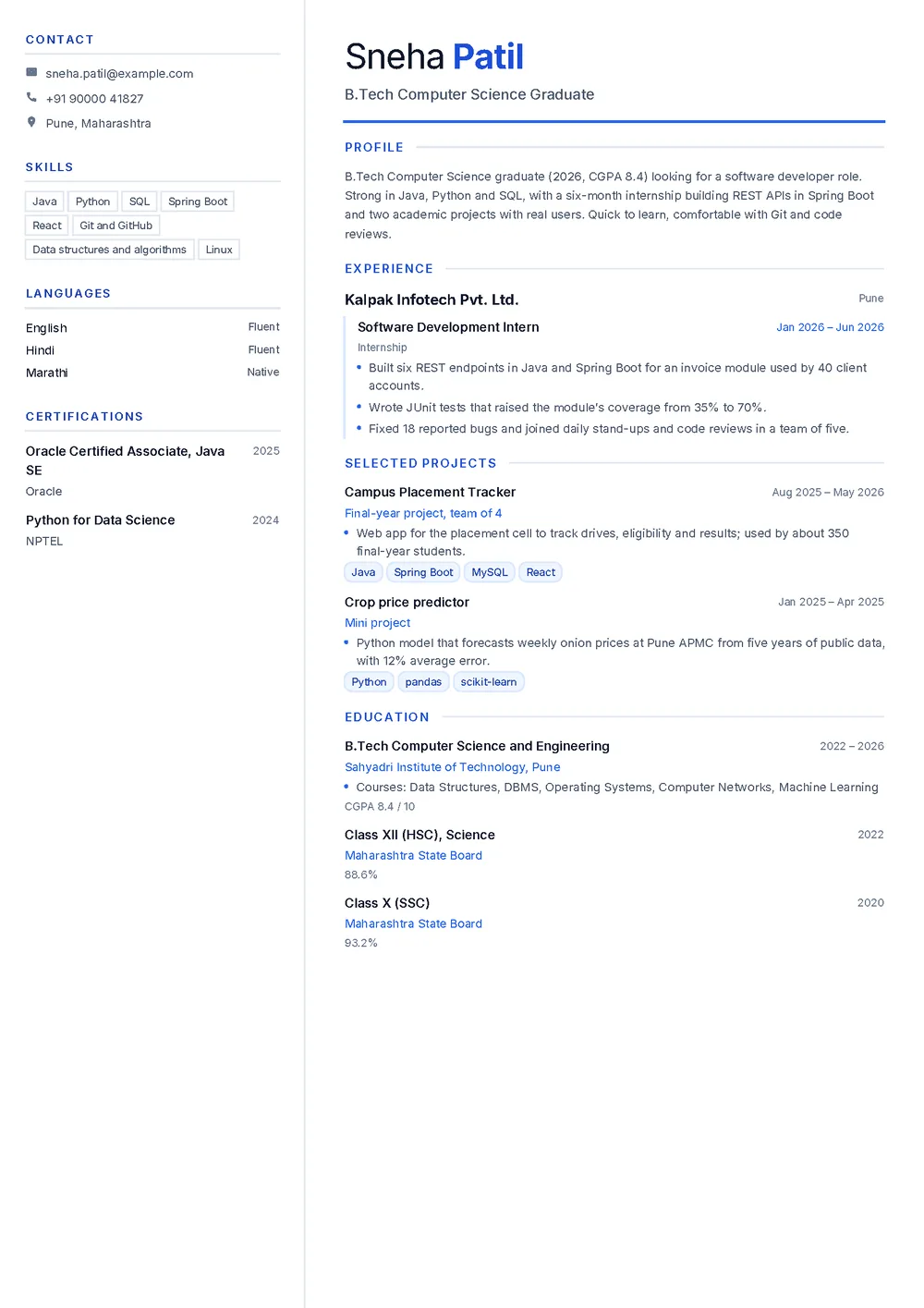 Sneha’s fresher resume in the Graphite template: a pale sidebar with contacts, skills, languages and certifications, and a main column with profile, internship, projects and education with class XII and X scores