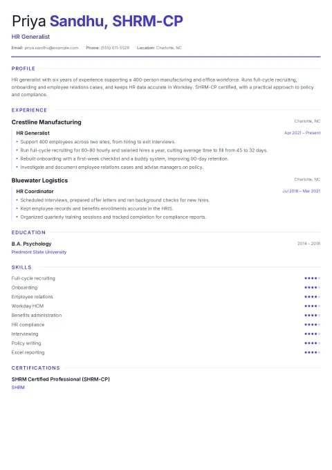 Priya’s HR generalist resume in the Underline template: one full-width column with indigo section headings for profile, experience, education, skills and certification