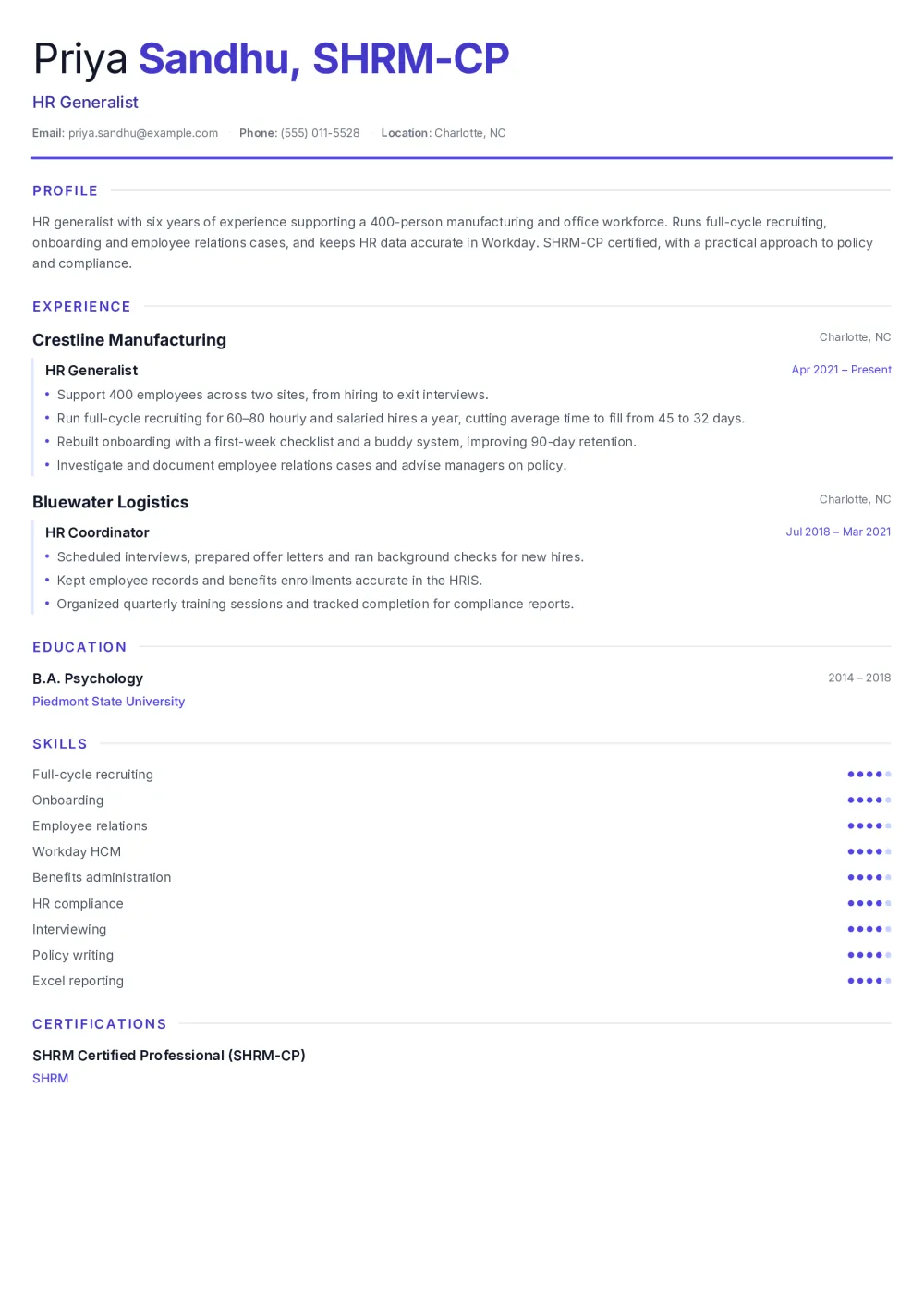 Priya’s HR generalist resume in the Underline template: one full-width column with indigo section headings for profile, experience, education, skills and certification