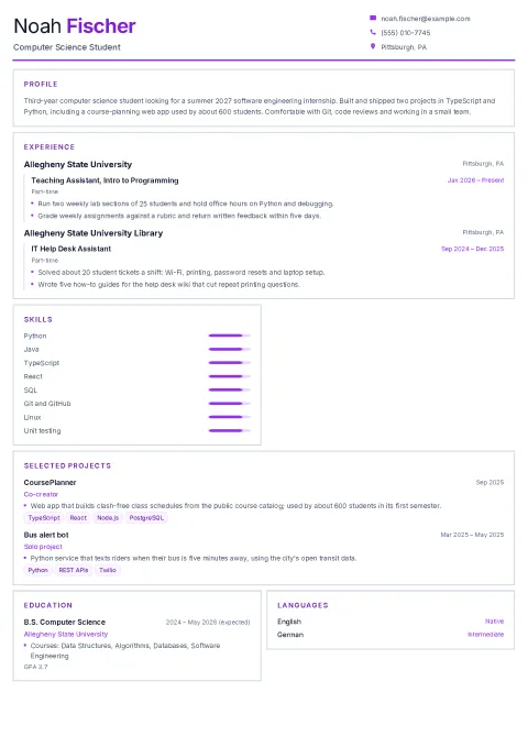 Noah’s internship resume in the Blueprint template: outlined purple section cards for profile, experience, skills, projects, education and languages