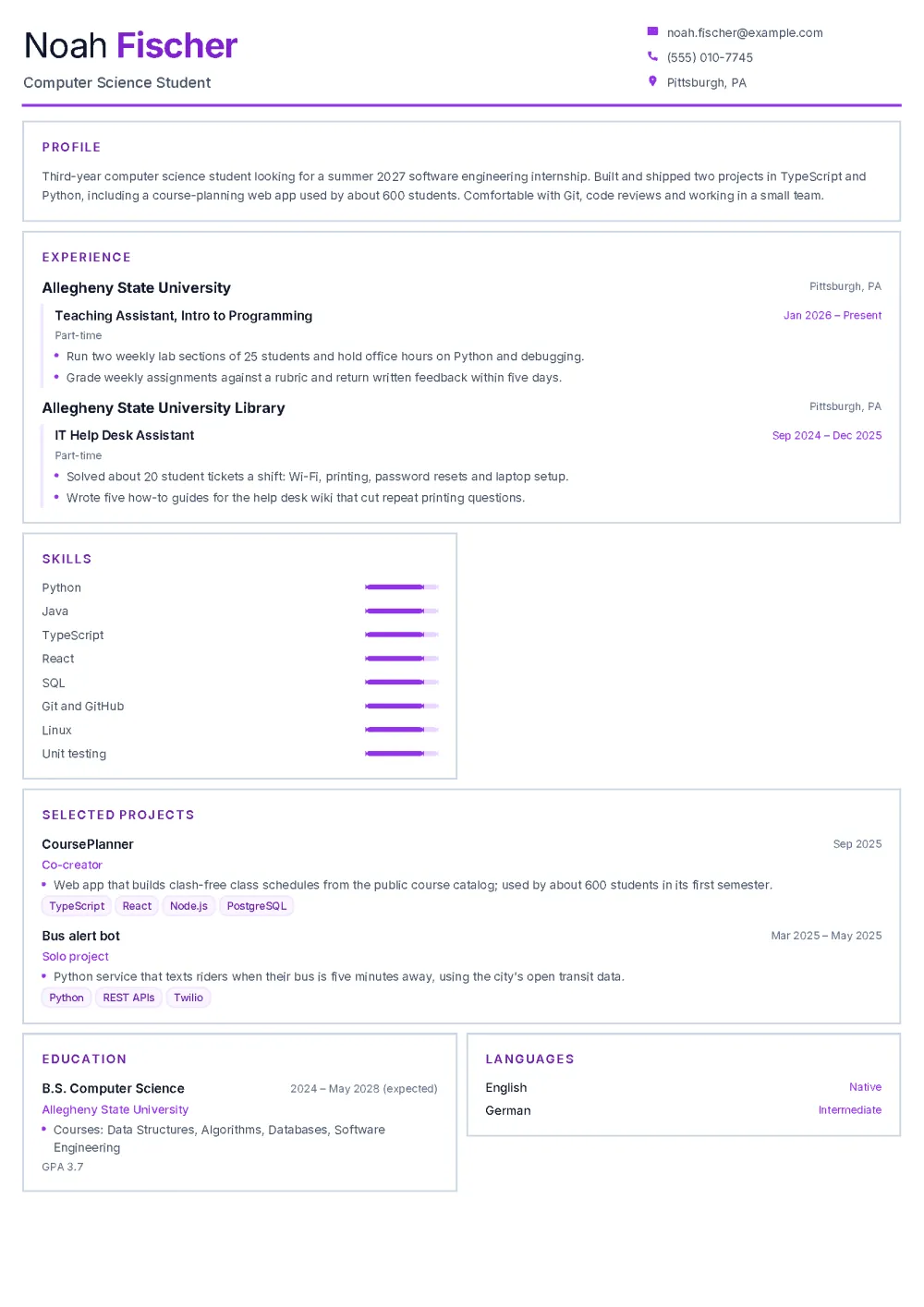Noah’s internship resume in the Blueprint template: outlined purple section cards for profile, experience, skills, projects, education and languages