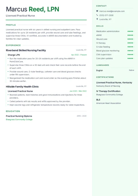 Marcus’s licensed practical nurse resume in the Reverso template: a main column with profile, experience and education on the left and a green sidebar with contacts, skills and certifications on the right