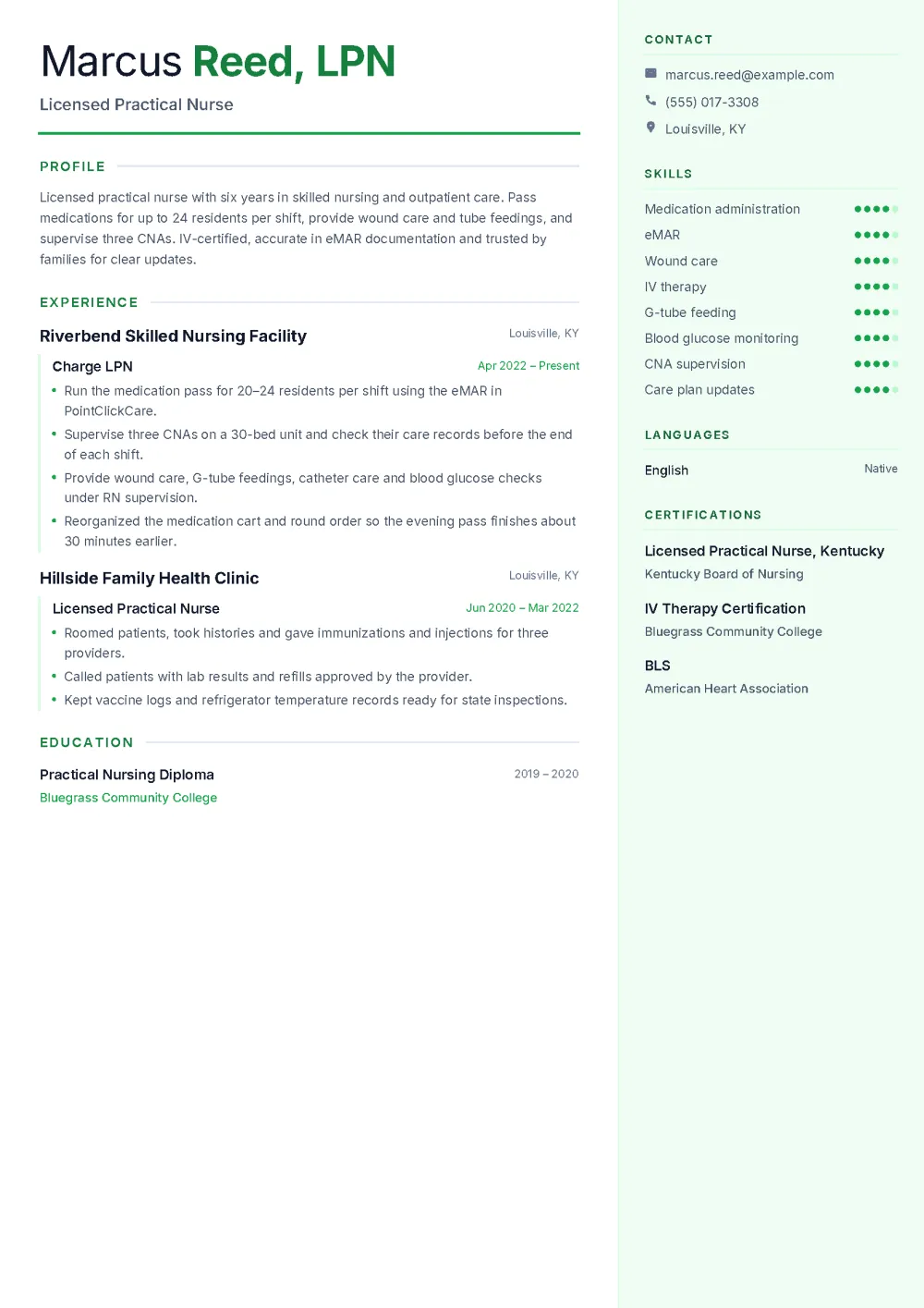 Marcus’s licensed practical nurse resume in the Reverso template: a main column with profile, experience and education on the left and a green sidebar with contacts, skills and certifications on the right