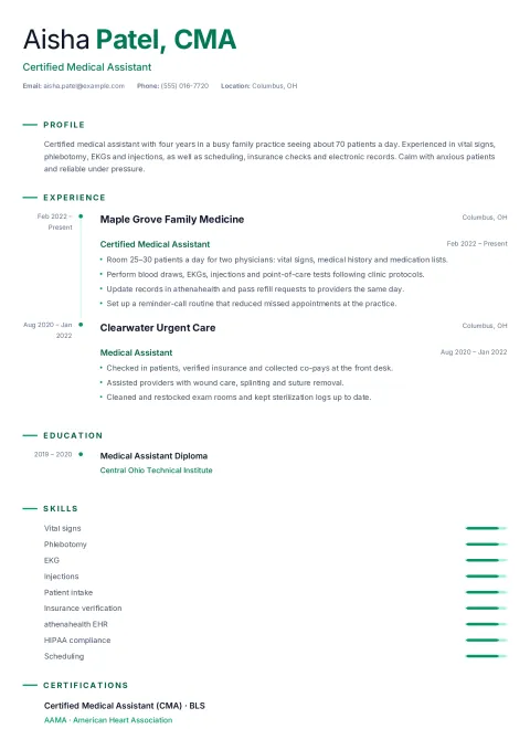 Aisha’s medical assistant resume in the Chronicle template: one column with an emerald timeline joining the jobs and education, skill bars and certifications
