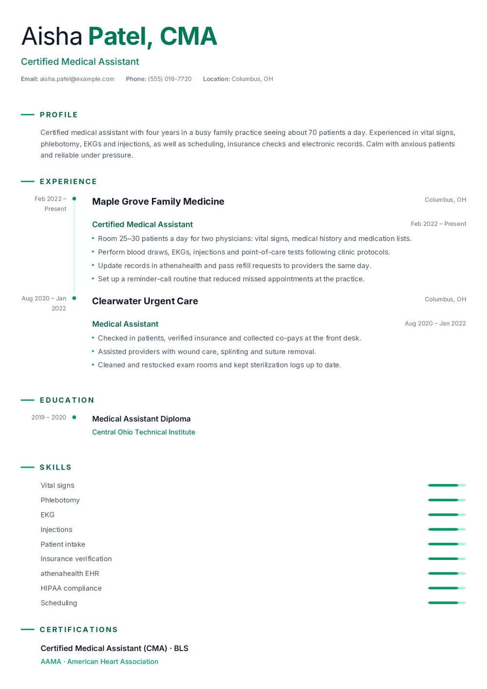 Aisha’s medical assistant resume in the Chronicle template: one column with an emerald timeline joining the jobs and education, skill bars and certifications