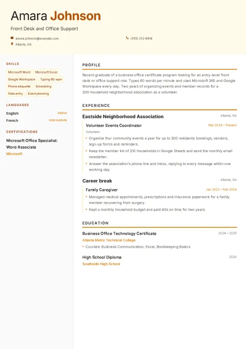 Amara’s entry-level resume in the Dawn template: a soft amber header with name and contacts, a side column with skill tags, languages and certification, and a main column with profile, experience and education