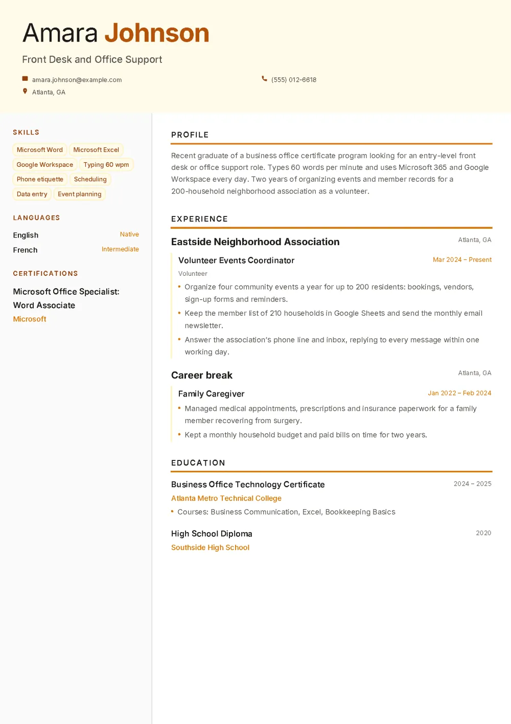 Amara’s entry-level resume in the Dawn template: a soft amber header with name and contacts, a side column with skill tags, languages and certification, and a main column with profile, experience and education