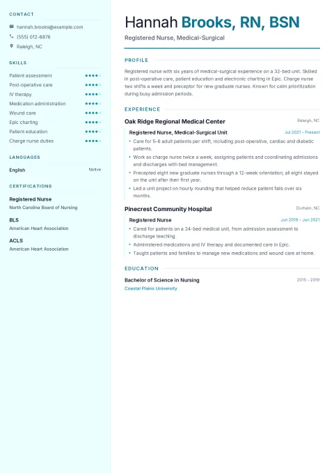 Hannah’s registered nurse resume in the Meridian template: a pale cyan sidebar with contacts, skills, languages and certifications, and a main column with profile, experience and education