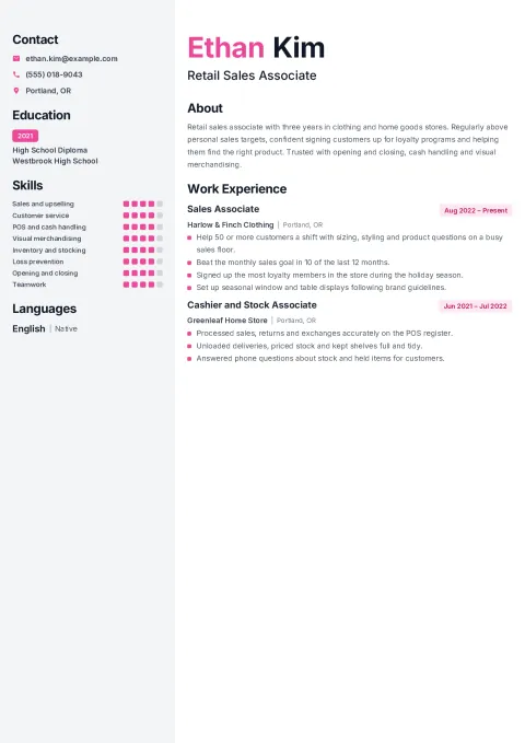Ethan’s retail sales associate resume in the Classic template: a light grey side column with contacts, education, skill levels and languages, and pink accents on the name and dates