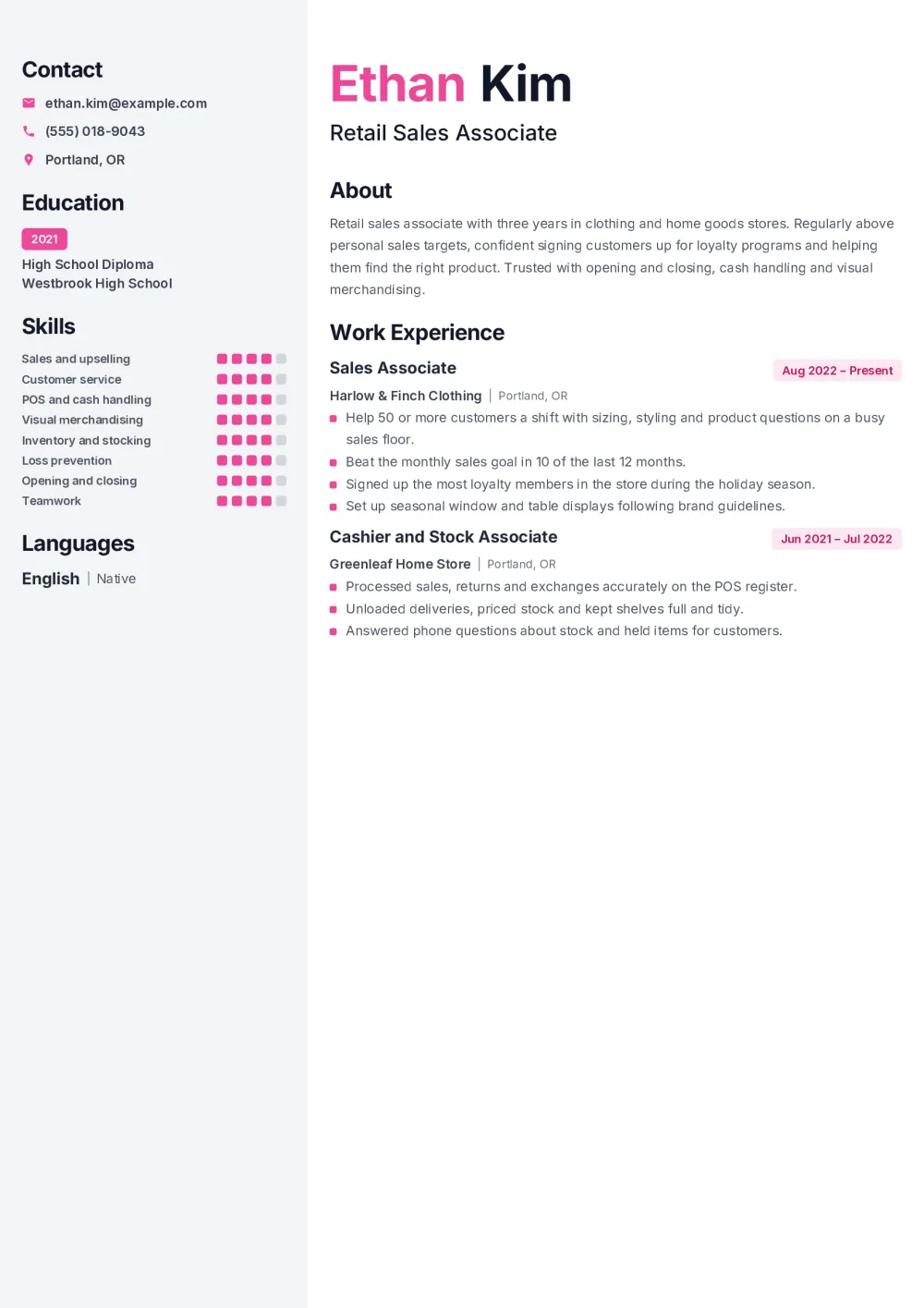 Ethan’s retail sales associate resume in the Classic template: a light grey side column with contacts, education, skill levels and languages, and pink accents on the name and dates