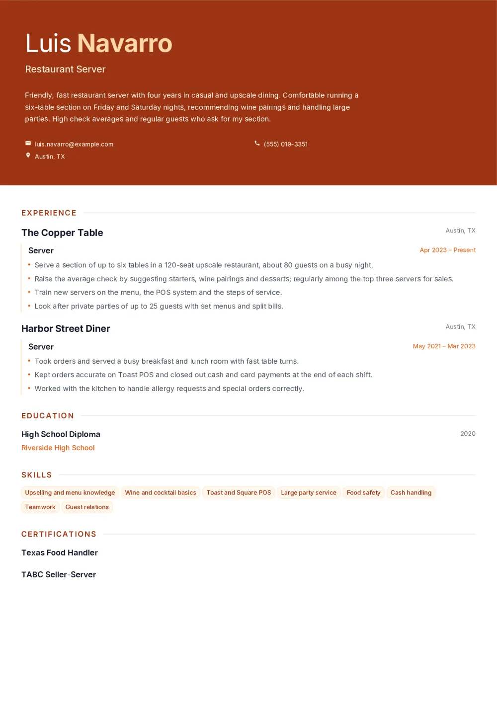 Luis’s restaurant server resume in the Overture template: a deep orange opening block with name, summary and contacts, followed by experience, education, skill tags and certifications