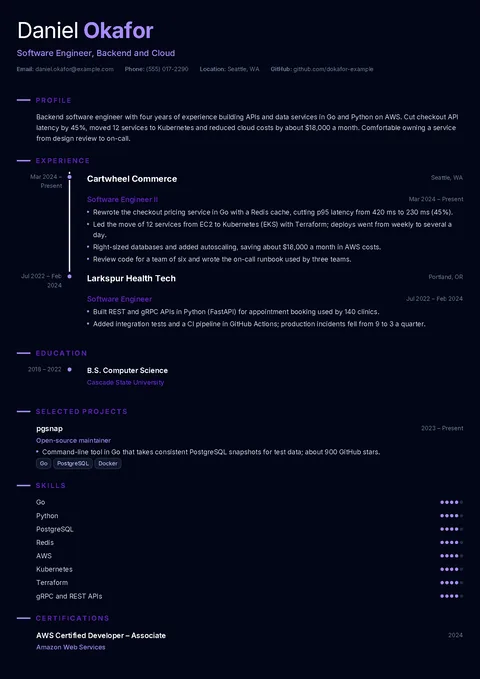 Daniel’s software engineer resume in the Meridian Noir template: a dark page with violet section headings, a timeline joining the two jobs, a projects block, skill dots and a certification