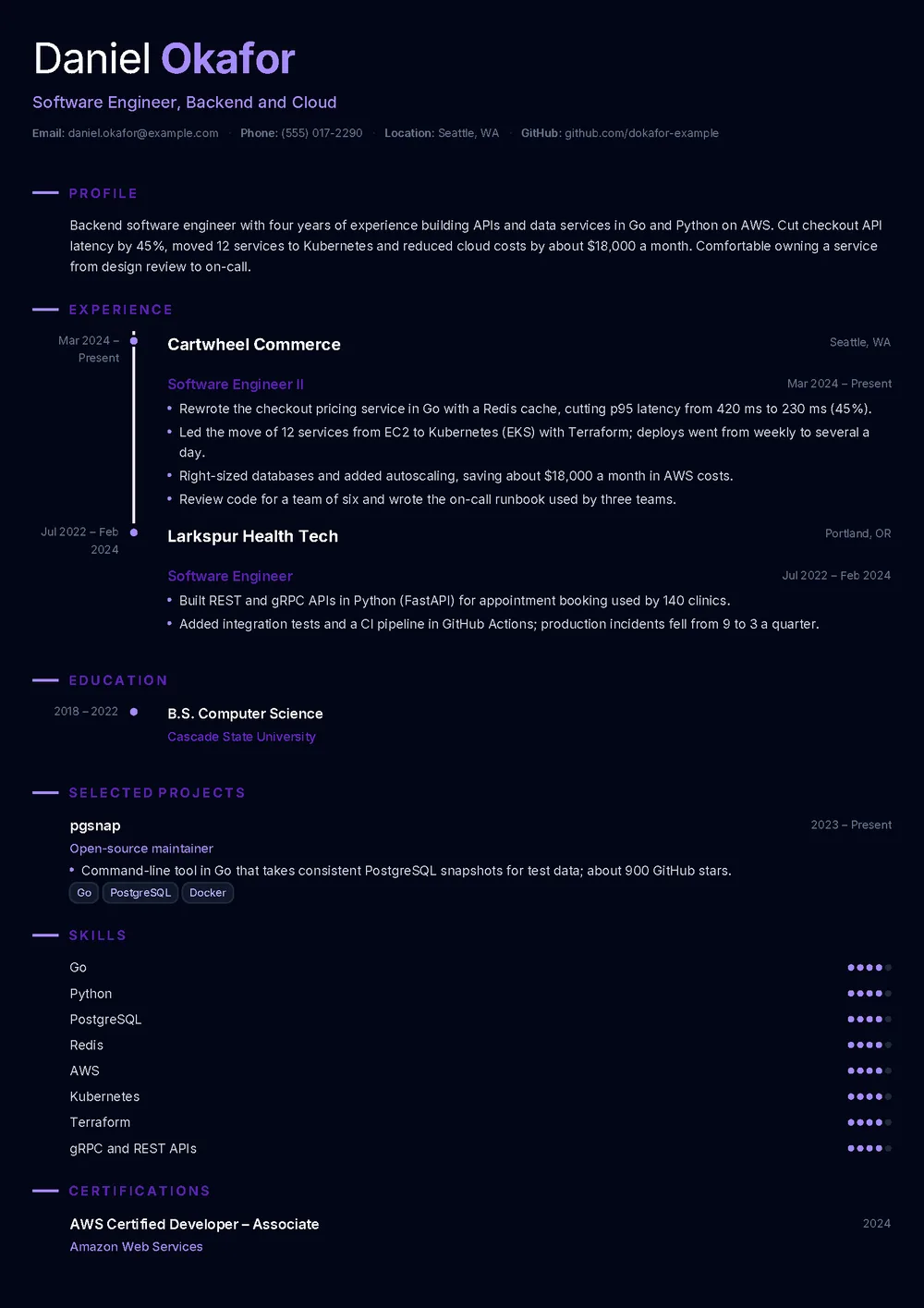 Daniel’s software engineer resume in the Meridian Noir template: a dark page with violet section headings, a timeline joining the two jobs, a projects block, skill dots and a certification