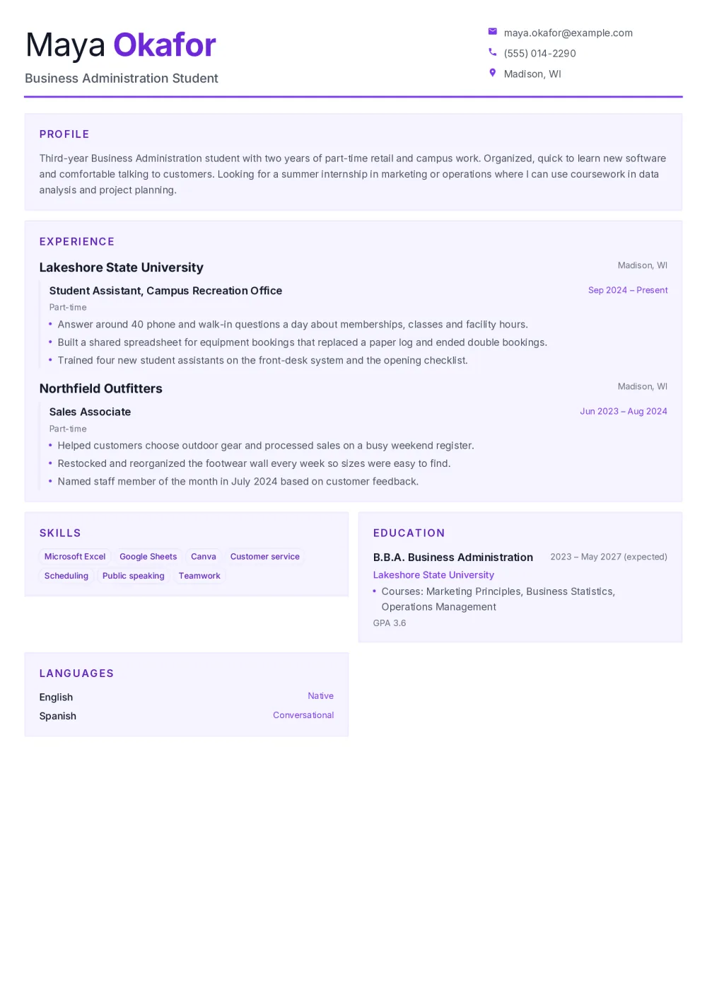 Maya’s student resume in the Mosaic template: violet-tinted section cards for profile, experience, skills, education and languages