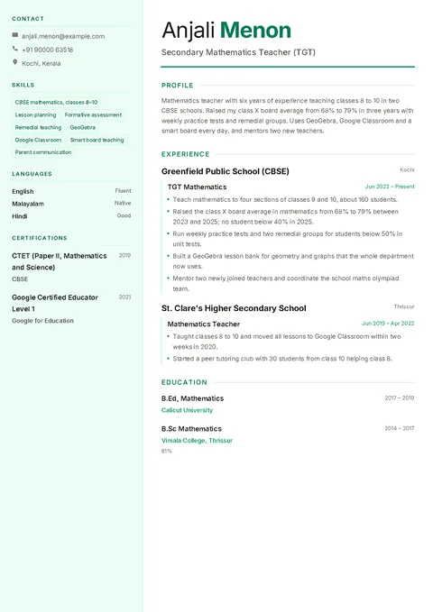 Anjali’s mathematics teacher resume in the Verdant template: a pale emerald sidebar with contacts, skill tags, languages and certifications, and a main column with profile, experience and education