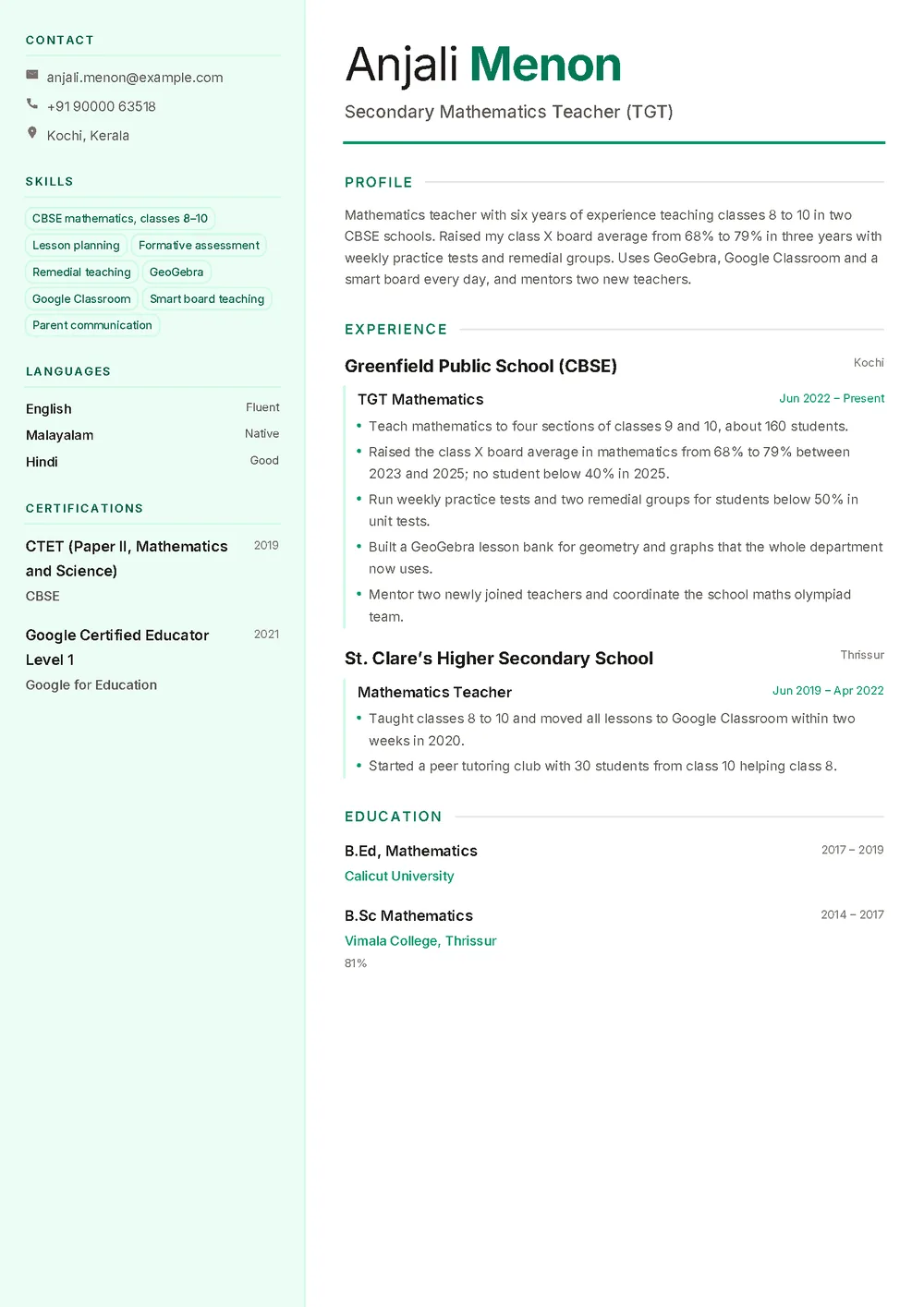 Anjali’s mathematics teacher resume in the Verdant template: a pale emerald sidebar with contacts, skill tags, languages and certifications, and a main column with profile, experience and education