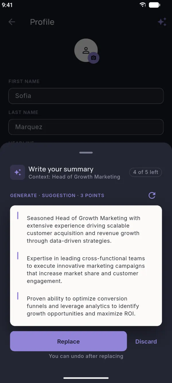 AI suggestion for a profile summary with Replace and Discard buttons
