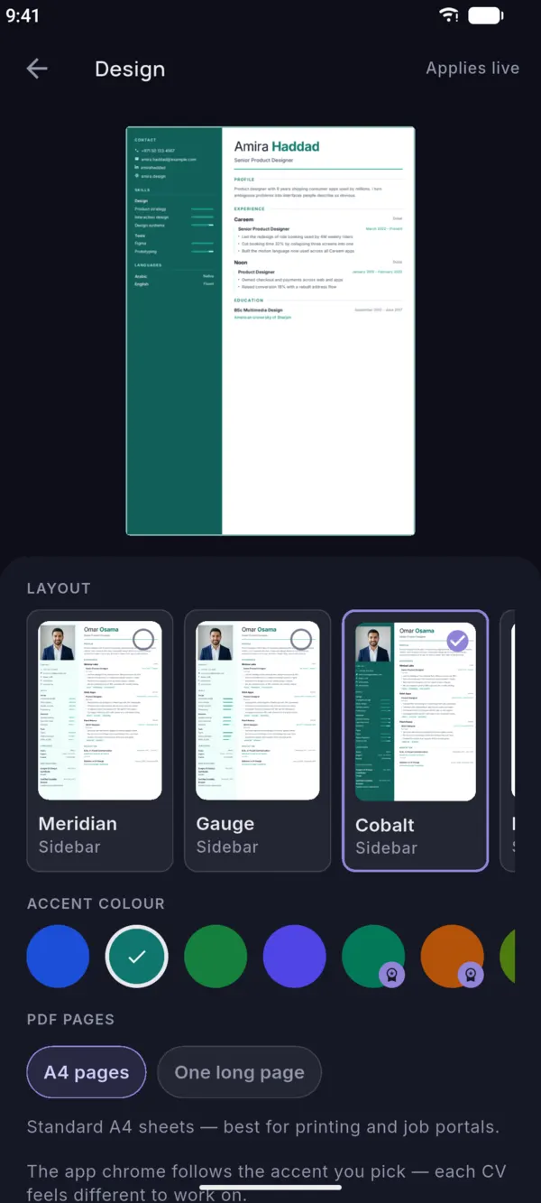 Design screen with a live CV preview, layout choices and accent colours