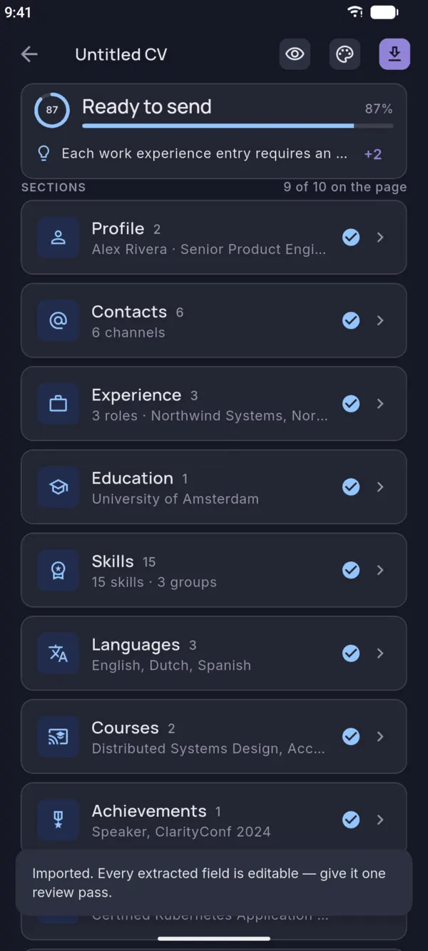 An imported CV opened in the editor, every section filled in and ready to review
