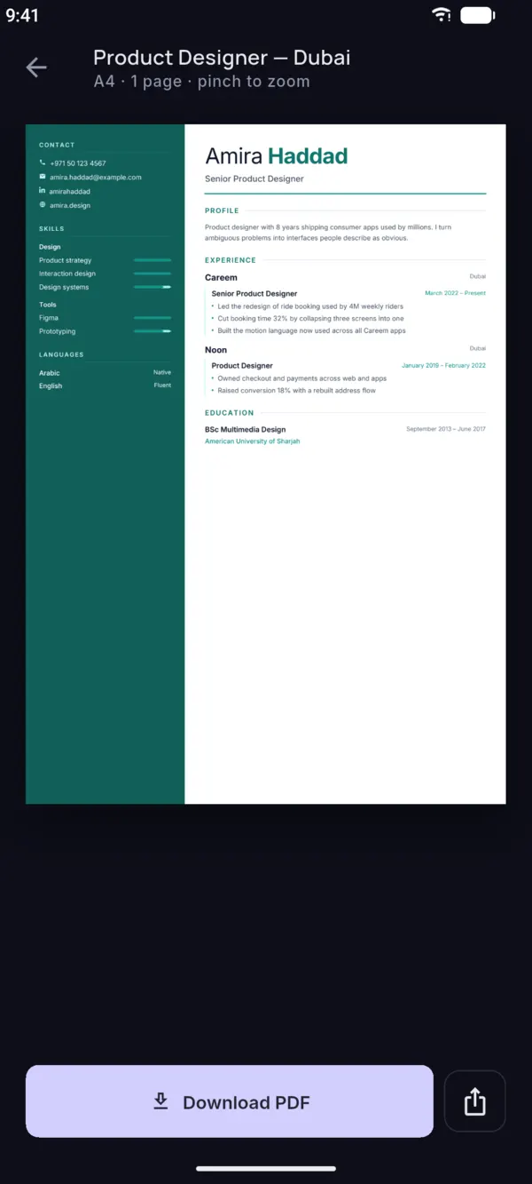 The PDF preview of a finished one-page CV with a Download PDF button