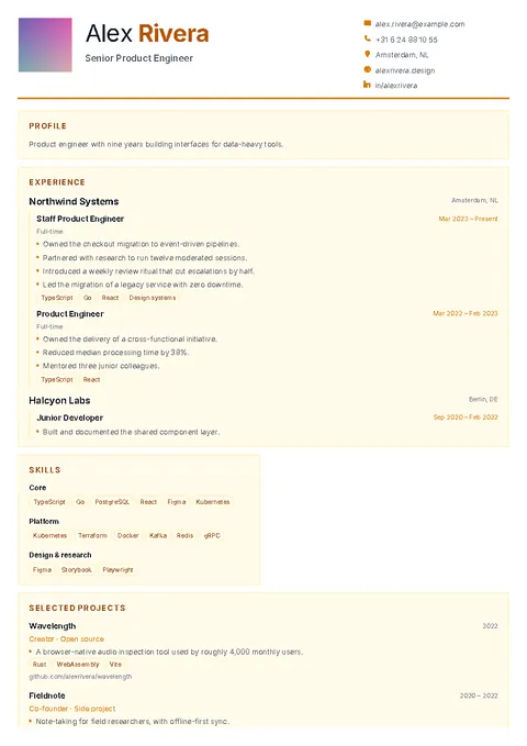 Mosaic, a CV template with amber section cards