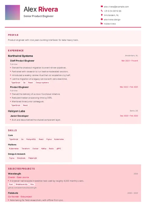 Palette, a CV template with rose section blocks