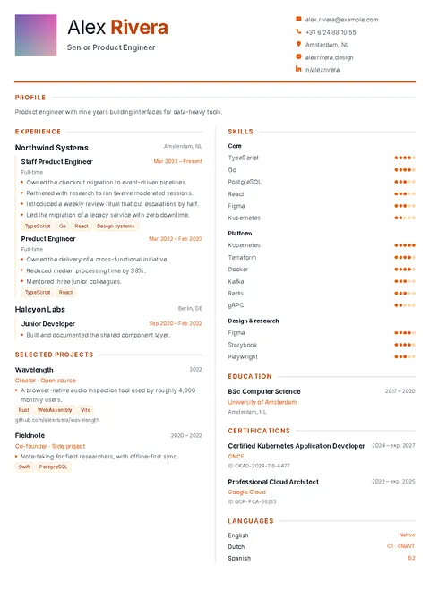 Balance, a CV template with two equal columns and orange accents