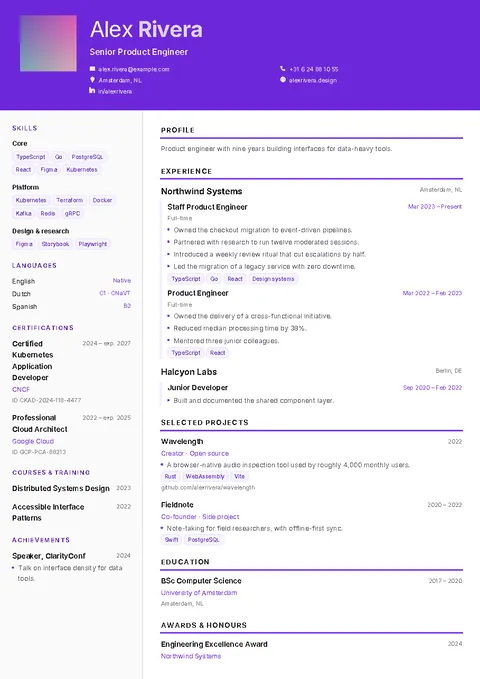 Banner, a CV template with a violet header band