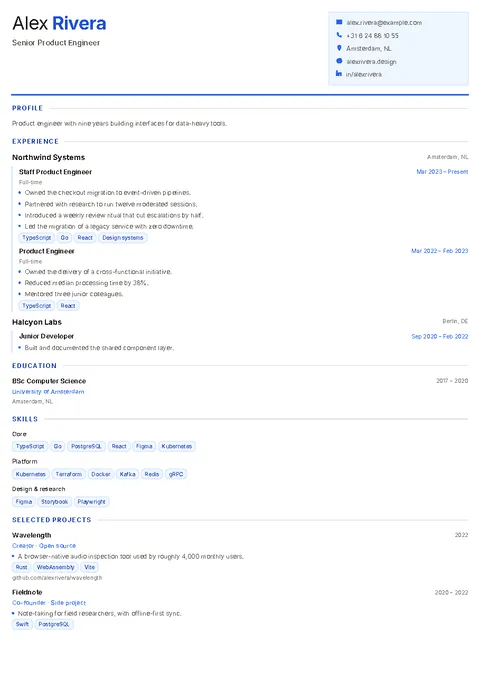 A resume in the Ledger template with a split blue header above one main column