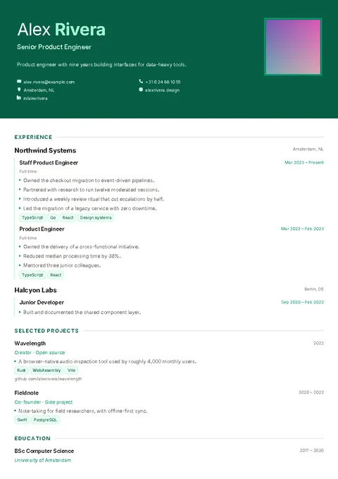 Portrait, a CV template with a deep green header band and photo
