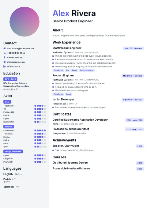 Classic, a CV template with a photo and a light sidebar, indigo accents