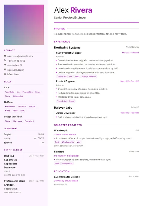 Verdant, a sidebar CV template with a pale sidebar and fuchsia accents