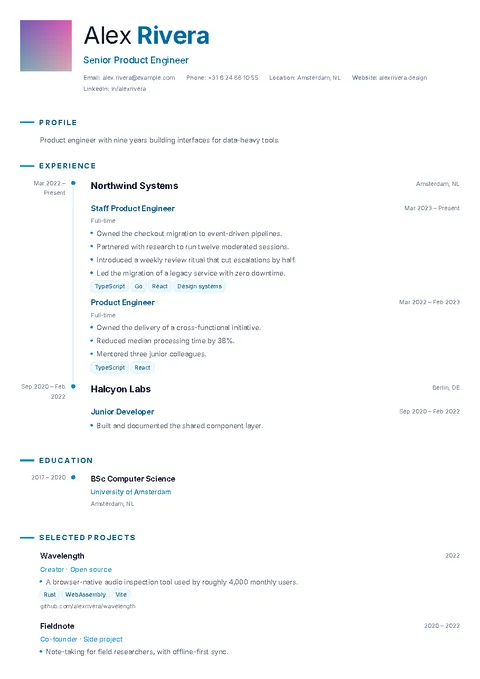 Chronicle, a CV template with a blue timeline down the left